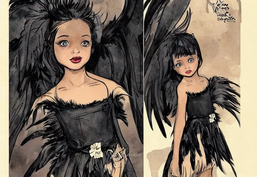 Image similar to beautiful little girl with a short black haircut wearing a dress made of black feathers, artwork in western comic art style, anatomically perfect