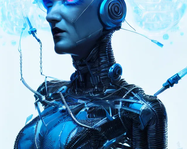 Image similar to funny blue eyes goth queen in cyborg cable suit, intricate abstract. intricate artwork, by tooth wu, wlop, beeple, dan mumford. concept art, octane render, trending on artstation, greg rutkowski very coherent symmetrical artwork. cinematic, key art, hyper realism, high detail, octane render, 8 k, iridescent accents