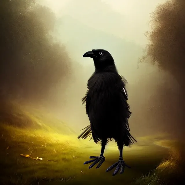 Prompt: epic professional digital portrait art of a smiling anthropomorphic crow on a morning stroll along the misty moors, best on artstation, cgsociety, wlop, Behance, pixiv, astonishing, impressive, outstanding, epic, cinematic, stunning, gorgeous, concept artwork, much detail, much wow, masterpiece.