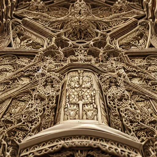 Image similar to a hyperrealistic 3 d render of a delicate ivory sculpture of an ornate detailed cathedral populated by mandelbrot fractals, micro detail, unreal engine, backlit lighting, octane renderer, catholicpunk, glowing, photorealistic, physically based rendering, carved soap, trending on cgsociety