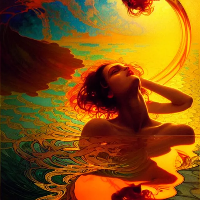 Image similar to transcendent mind bending indigo waves of glossy psychedelic liquid honey flowing like kaleidoscopic translucent amber, lsd waves, honey ripples, enlightenment, dramatic professional lighting, refracted sunset lighting, art by collier, albert aublet, krenz cushart, artem demura, alphonse mucha