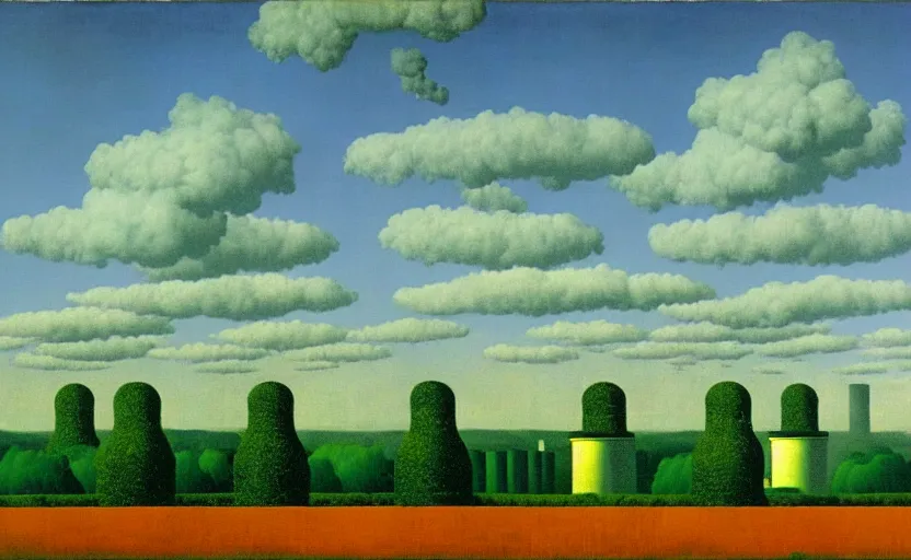 Image similar to industrial chimneys rising out of the undergrowth by rene magritte