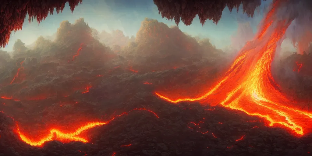 Prompt: Terraria hell underworld biome, flowing lava and ash piles, distant lavafalls, cozy wallpaper, 4k, trending on Artstation, pixel art, award-winning, art by Greg Rutkowski