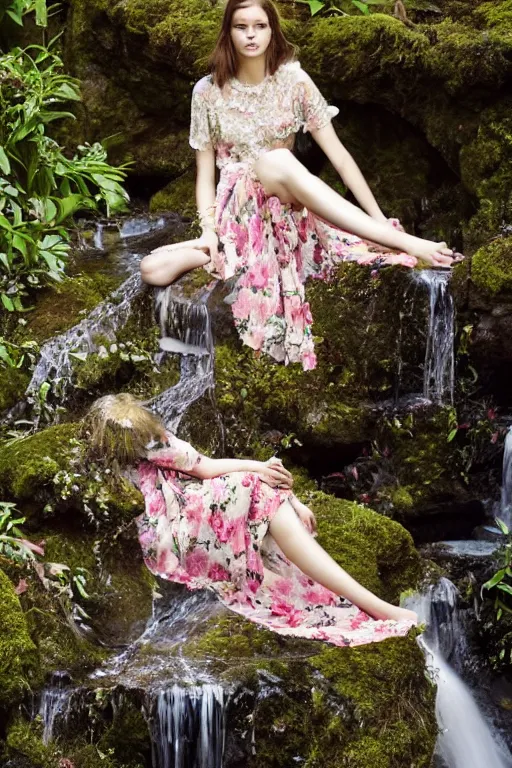 Image similar to hyperrealistic cute model in nature wearing valentino resort 2 0 1 6 spring floral, lace, patterned, sheer skirt, lounging by a waterfall, tranquil fashion scene