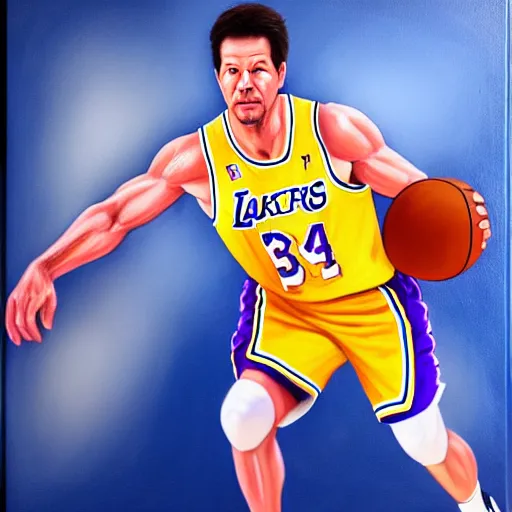 Image similar to portrait of mark wahlberg playing basketball in a lakers uniform, oil on canvas by william sidney mont, trending on art station