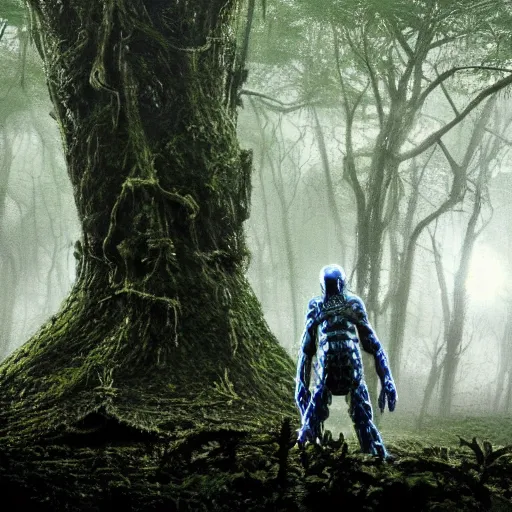 Prompt: a complex organic fractal 3 d metallic symbiotic ceramic humanoid megastructure creature in a swampy lush forest, foggy, cinematic shot, photo still from movie by denis villeneuve, wayne barlowe, polaroid