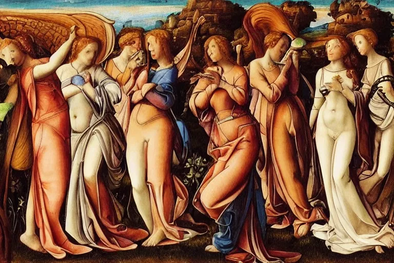 Prompt: renaissance art nouveau painting of maidens in heaven licking gods