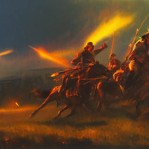 Prompt: the battle of the little bighorn. trending on artstation, 4 k, ( ( cyberpunk ) ), oil on canvas, artstation, dramatic warm color, dramatic lighting, masamune shirow syd mead.