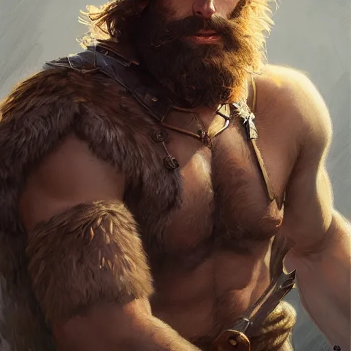 Image similar to portrait of a young rugged male barbarian, handsome, upper body, hairy torso, D&D, fantasy, intricate, elegant, highly detailed, digital painting, artstation, concept art, smooth, sharp focus, illustration, art by artgerm and greg rutkowski and alphonse mucha