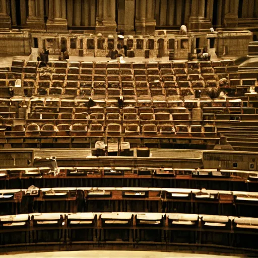 Image similar to a cheap film photograph of the Roman Senate the day Julius Caesar was stabbed