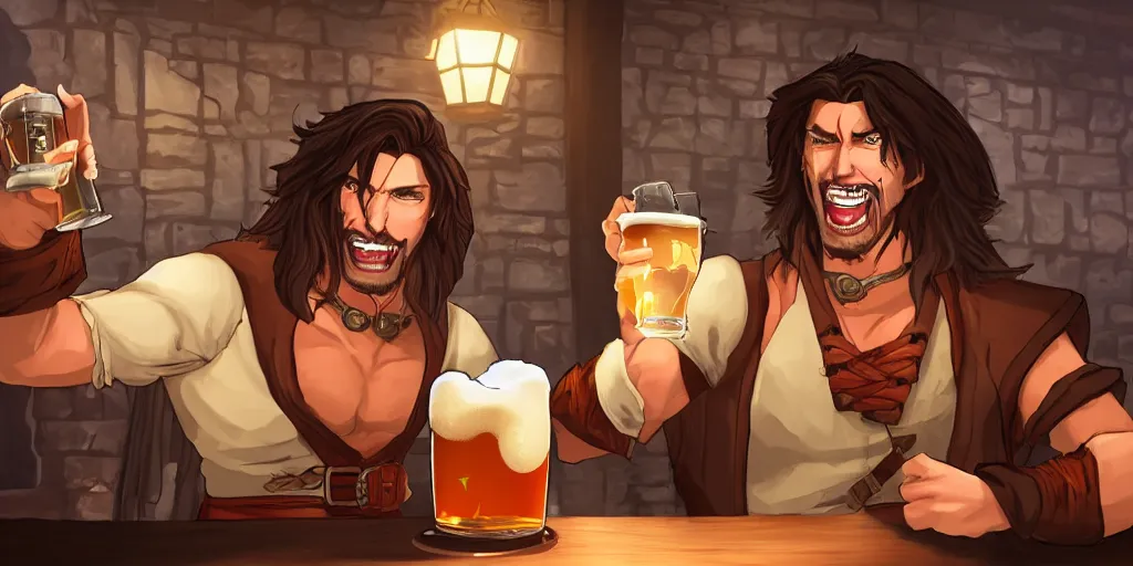 Prompt: Trevor Belmont from Castlevania, enjoying a pint of ale at a tavern, digital art, HDR, happily smiling, holding the pint of ale, sitting at the bar, warm lantern lighting.