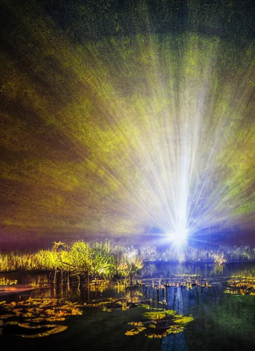Image similar to photography at night of an ethereal pond, a central sunlight glare, mystical lights, cyber futuristic lights in the sky, masterpiece, epic, cinematic, hyperealistic photo, high detailed, flashlight at night