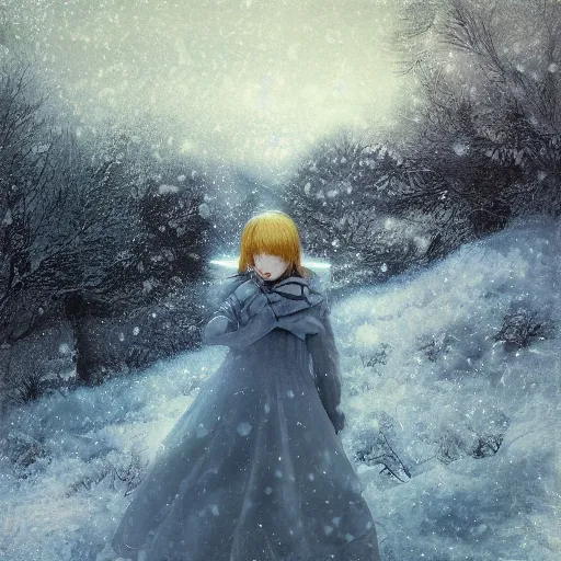 Prompt: girl in a snowy landscape, digital art, by Yoshitaka Amano, oil on canvas