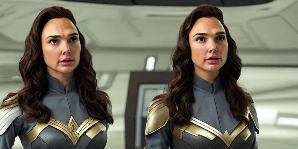 Image similar to Gal Gadot, in full starfleet uniform, is the captain of the starship Enterprise in the new Star Trek movie