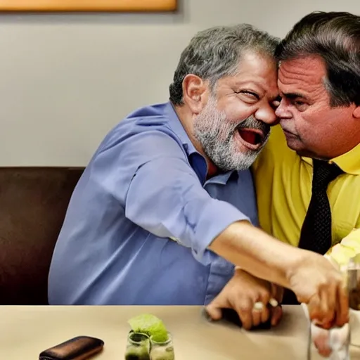 Prompt: Luis Inacio Lula da Silva and Bolsonaro drinking a caipirinha together realistic, 4k image, news, notícia