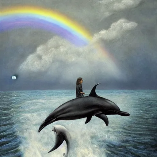 Image similar to a hyper realistic painting of the grim reaper riding a dolphin over a rainbow, by santiago caruso, highly detailed, vivid color,