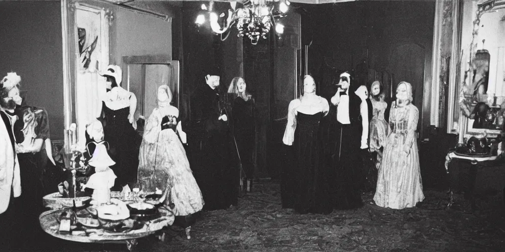 Prompt: creepy photo of people at a fancy party standing around a small black stone in a large Victorian apartment, 70mm film, old film, found film, scary, ominous, disturbing