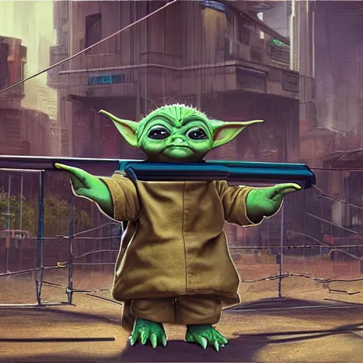 Image similar to masterful digital art, eye - level view, medium - shot, baby yoda is at the busy school playground in a cyberpunk city. baby yoda smiles and plays on a swing set. golden hour. realism, detailed, depth, chiaroscuro, limited color palette. in the background some balloons float in the sky. mandalorian ( tv ).