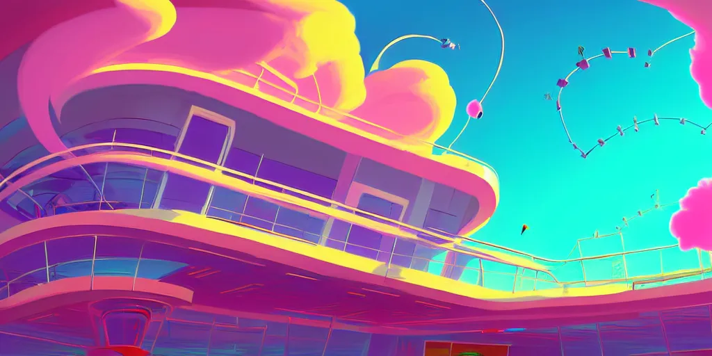 Image similar to minimalistic extreme wide angle curved perspective digital art of sss chubby cotton candy indoor top floor of a casino with a balcony to the ground floor by anton fadeev from nightmare before christmas