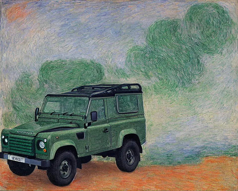 Prompt: an abstract, flat side view of a Land Rover Defender. intricate, vibrant, Raphael, Monet, Rene Margritte.