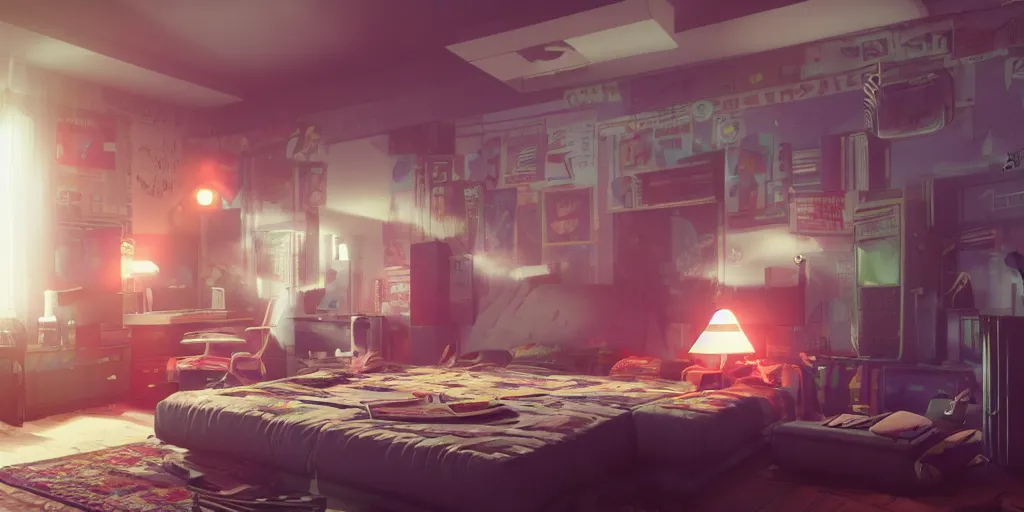 Prompt: A bedroom from the 80's by Kung Fury, by Ready Player One, volumetric lighting, rendered by Octane, highly realistic, 4k wallpaper, trending on Artstation