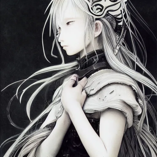 Image similar to yoshitaka amano blurred and dreamy illustration of an anime girl with pirate eye patch, wavy white hair and cracks on her face wearing elden ring armour with the cape fluttering in the wind, abstract black and white patterns on the background, noisy film grain effect, highly detailed, renaissance oil painting, weird portrait angle