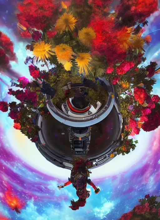 Image similar to An epic fantastic realism comic book style painting of the most beautiful flowers launched into space, bouquets, everything being pulled into a black hole, fisheye, unreal 5, DAZ, hyperrealistic, octane render, dynamic lighting