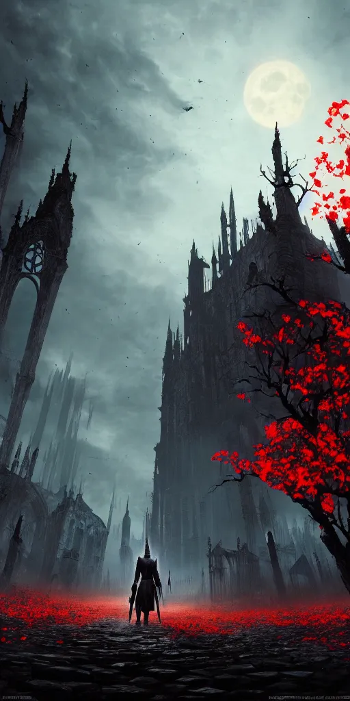 Image similar to abandoned bloodborne old valley with a person at the centre and a ruined gothic city at the end of the valley, trees and stars in the background, falling red petals, epic red - orange moonlight, perfect lightning, wallpaper illustration by niko delort and kentaro miura, 4 k, ultra realistic