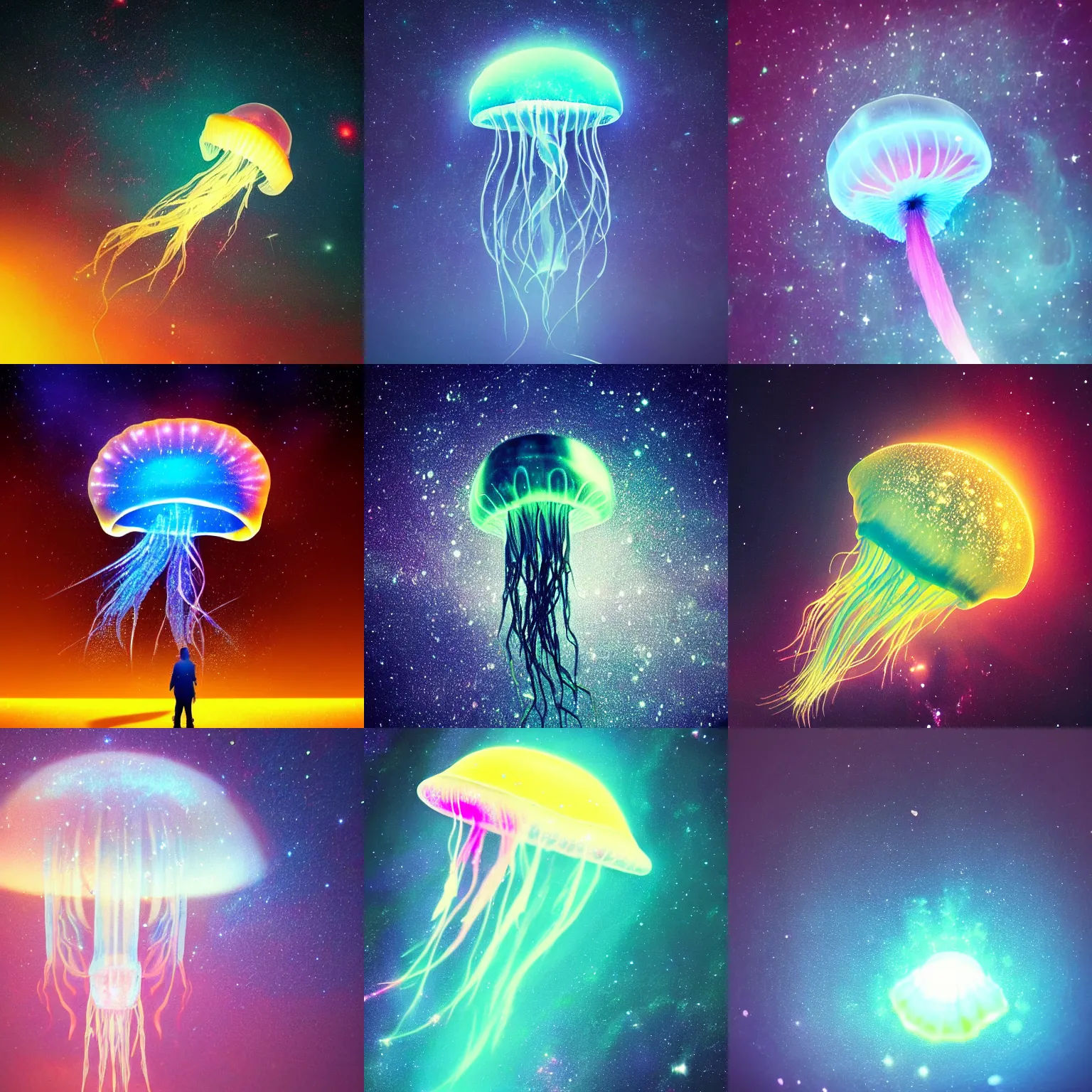 Prompt: beautiful photo of a magic glowing jellyfish in cosmic dust, stars, galaxies, space, award winning photo, atmospheric, desolate, artstation