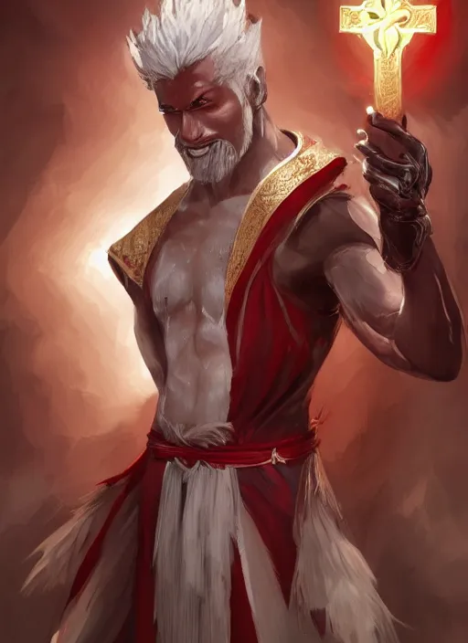 Image similar to a highly detailed illustration of white haired african priest, wearing cross on robe, wielding red blades made of blood, evil standing smiling pose, muscular, intricate, elegant, highly detailed, centered, digital painting, artstation, concept art, smooth, sharp focus, league of legends concept art, WLOP