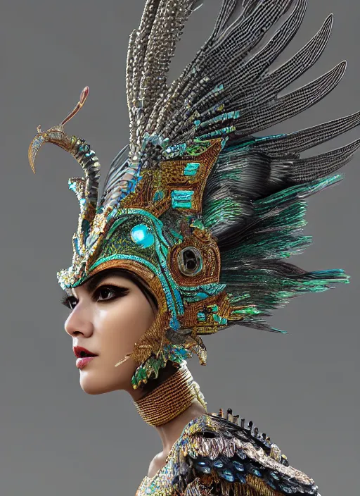 Image similar to 3 d goddess close - up profile portrait. beautiful intricate highly detailed mexican magpie helm and traditional mexican huipil! quetzalcoatl, stingray, bio luminescent, plasma, lava, ice, water, wind, stormy, creature, artwork by tooth wu and wlop and annie leibovitz, octane 3 d render