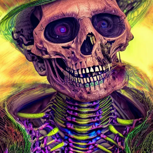 Image similar to a portrait of a skelton with moth wings, highly detailed, digital photo, hdri, by christopher bretz and john carpenter, vivid colors, high contrast, 8 k resolution, intricate, photorealistic, smooth, psychedelic color scheme, concept art, award winning, cg society contest winner