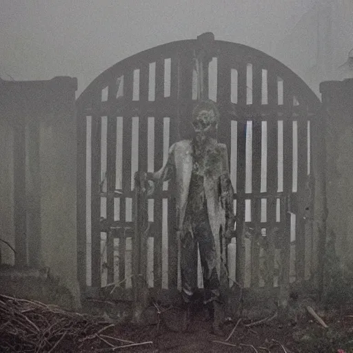 Prompt: a zombie at the gate of a decrepit house, night, misty, scary, spooky