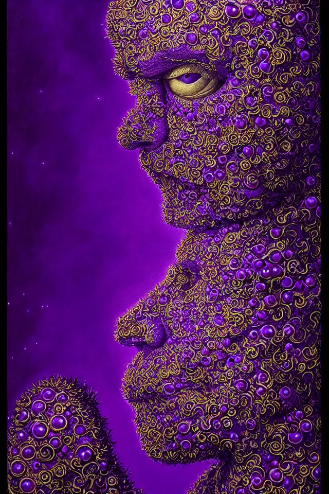 Image similar to bizarre purple blacklight detailed renaissance portrait of cookie monster as a highly detailed realistic real life person, dramatic cinematic lighting, 8 k, beautiful intricate painting by james r eads, ron mueck and tomasz alen kopera