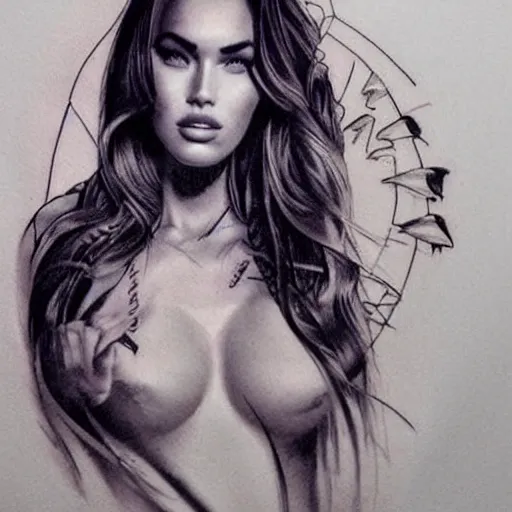 Image similar to tattoo design sketch with double exposure effect, megan fox face faded with beautiful mountain scenery, in the style of matteo pasqualin, amazing detail