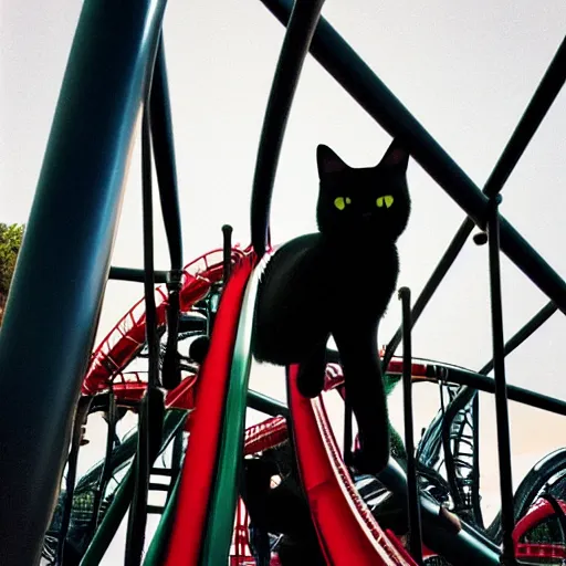 Prompt: black cat chilling on a rollercoaster. focus on cats face. sunlight. polaroid photo. bright colors.