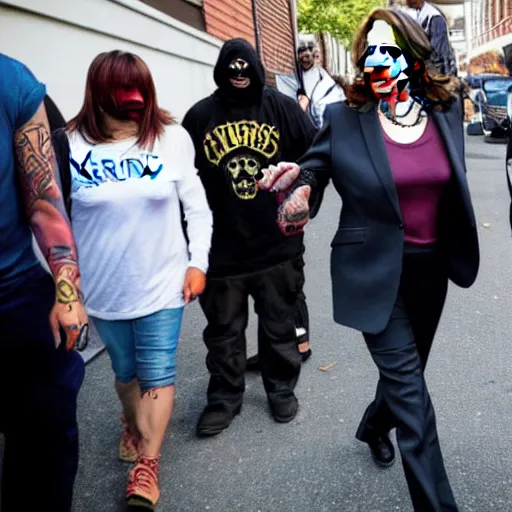 Prompt: kamala harris dressed up in hardcore gangbanger cosplay with face tattoos