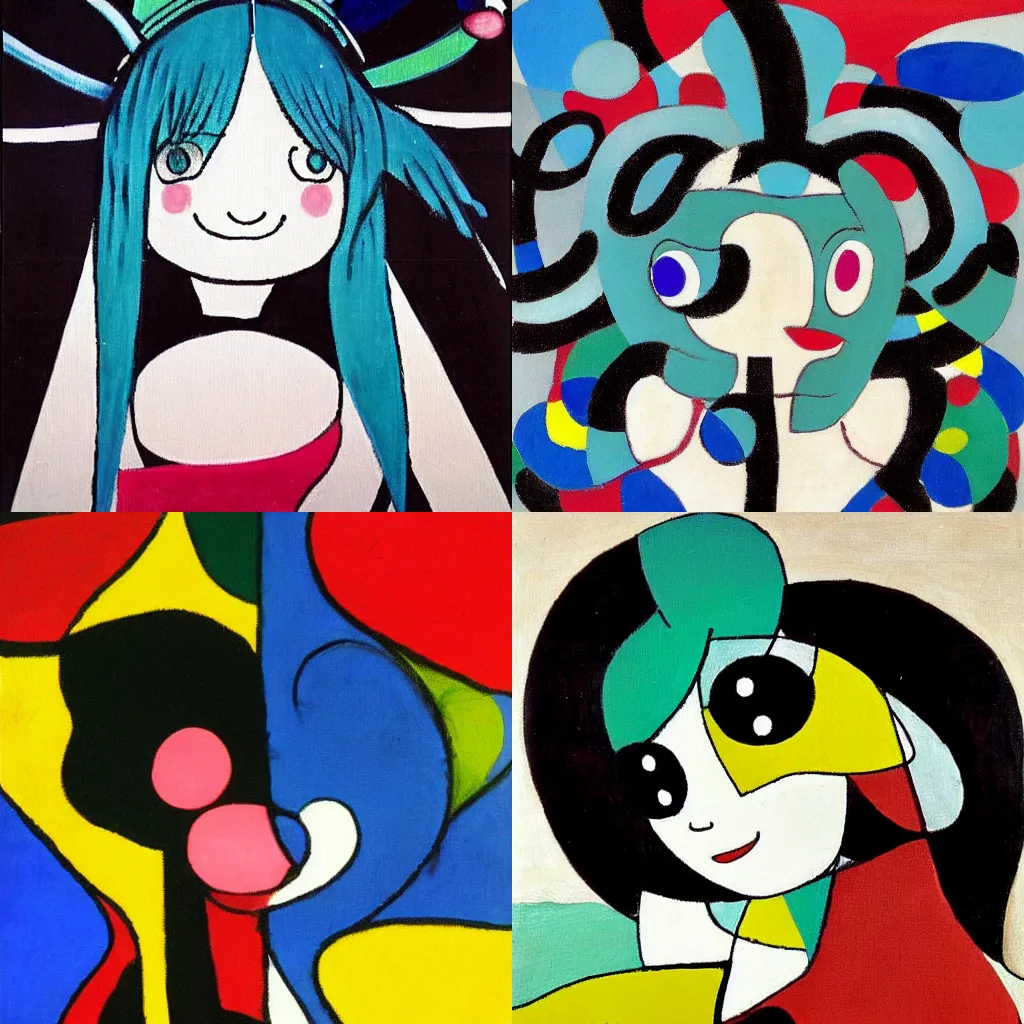 Prompt: A painting ofHatsune Miku by Joan Miró, masterpiece, highly detailed