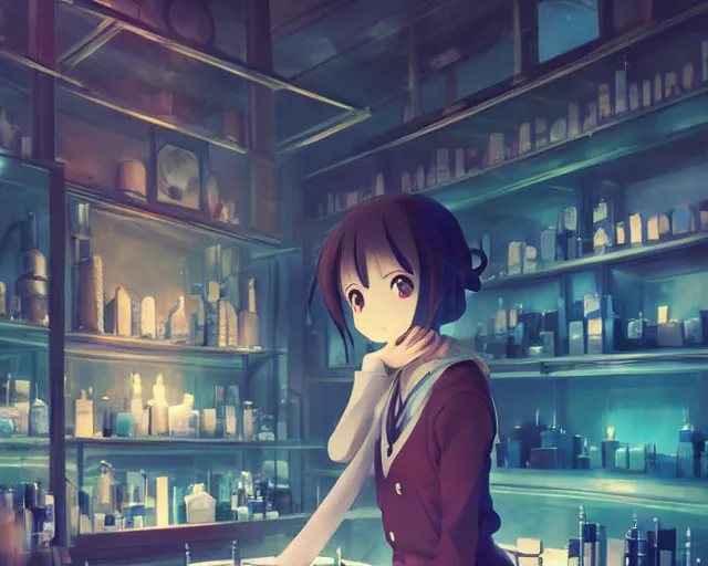 Prompt: anime visual, portrait of a young female traveler in a alchemist's potion shop interior, cute face by yoh yoshinari, katsura masakazu, cinematic luts, cold studio lighting, dynamic pose, dynamic perspective, strong silhouette, anime cels, ilya kuvshinov, cel shaded, crisp and sharp, rounded eyes, moody