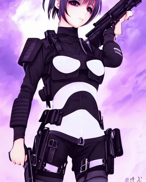 Image similar to 2 b, anime key visual of a young female swat officer, neon, cyberpunk, futuristic, white outfit, black swat vest, swat helmet, holding pdw, stunning, highly detailed, digital painting, smooth, soft focus, illustration, poster, japanese typography, digital art from artstation by artgerm and greg rutkowski and alphonse mucha