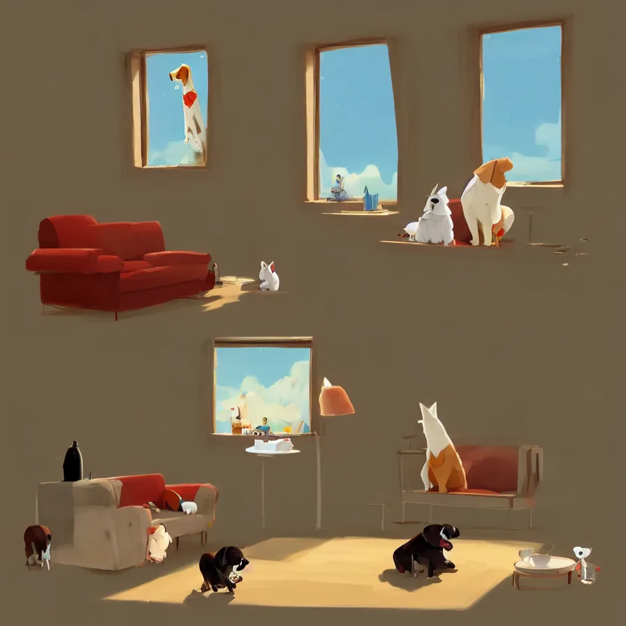 Prompt: Goro Fujita illustrating A dog on a sofa staring at the food dish under the window in the living room