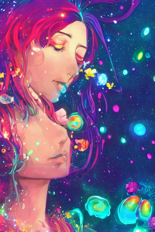 Prompt: psychedelic, whimsical, anime, 4k, beautiful intimate woman vaping with professional makeup, long trippy hair, a crystal and flower dress, sitting in a reflective pool, surrounded by gems, underneath the stars, rainbow fireflies, trending on patreon, deviantart, twitter, artstation, volumetric lighting, heavy contrast, art style of Ross Tran and Ilya Kuvshinov