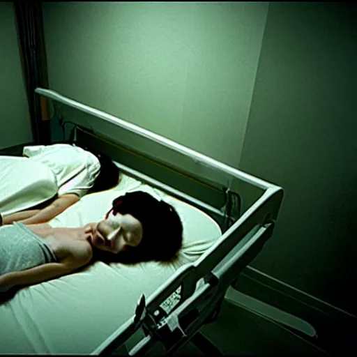 Image similar to beautifully ominous creepy sleep paralysis beside sleeping woman in hospital room. designed by silent hill 3, resident evil, david cronenberg, yasushi nirasawa, hiroya oku, junji ito,