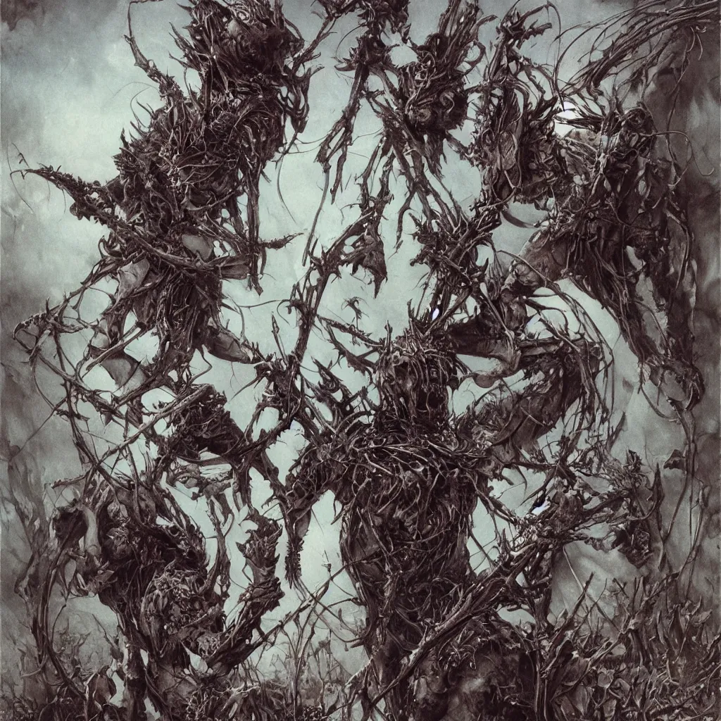 Image similar to A creepy armored horned fanged demon woman with blue scarred skin wrapped in barbed wire. Extremely high detail, realistic, fantasy art, solo, bones, ornate, textured, cgsociety masterpiece, saturated colors, tricate omnious visionary concept art tangled, ripped flesh, art by Zdzisław Beksiński, Arthur Rackham, Dariusz Zawadzki