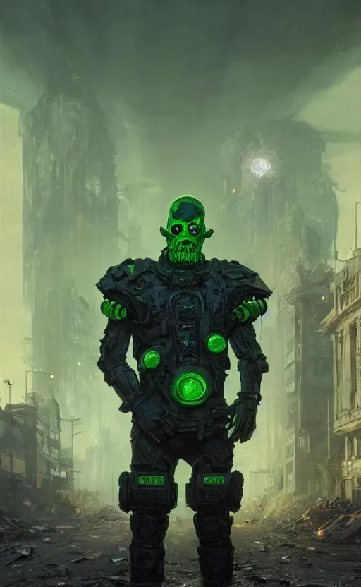 A radioactive ghoul wearing raider gear stands in the Stable