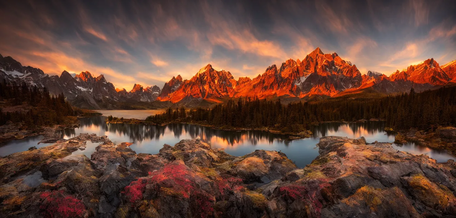 Image similar to amazing landscape photo of mountains with lake in sunset by marc adamus, beautiful dramatic lighting