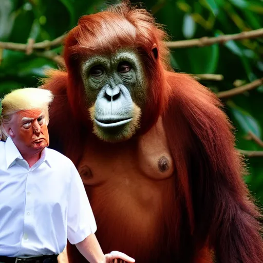 Prompt: donald trump getting his pants sniffed by an orangutan