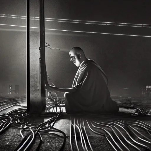 Image similar to A single monk kneeling with wires connecting him to a computer, Nirvana, Machines and wires everywhere, flashing neon lights, creepy, dark shadowy surroundings, dystopian scifi, horror, Stefan Koidl inspired, 4k