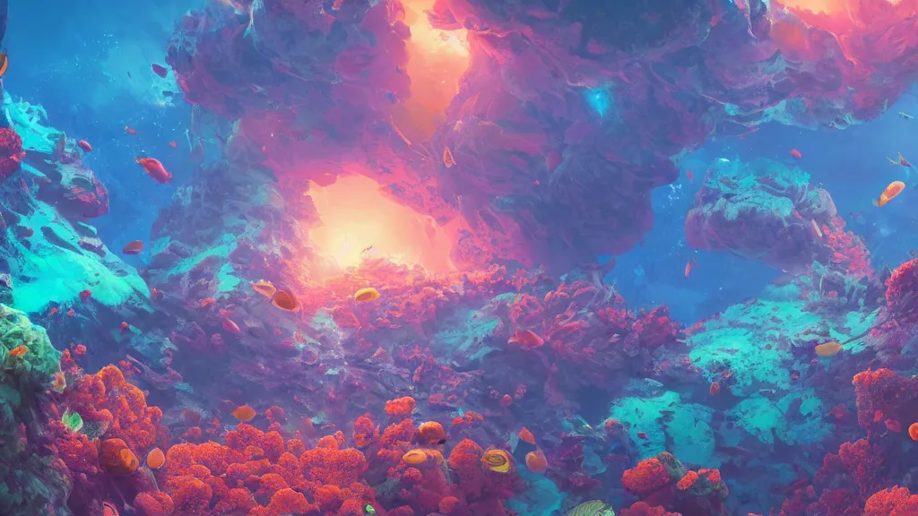 Prompt: ancient alien planet covered in colorful coral reefs and fish swimming around them, by sylvain sarrailh, rossdraws, ambient light, ultra detailed, fantasy artwork, 8 k, volumetric lighting, trending on artstation, award winning, beautiful scenery, very beautiful.