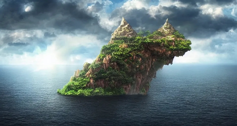 Image similar to A magnificent floating island in the sky above the sea, defying gravity, floating and flying island, epic lighting, epic composition, highly detailed